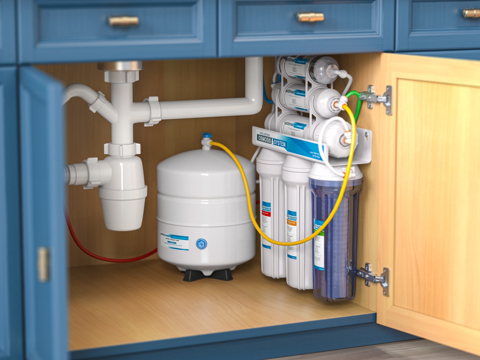 Reverse osmosis water purification system under sink in a kitchen.  Water cleaning system installation.